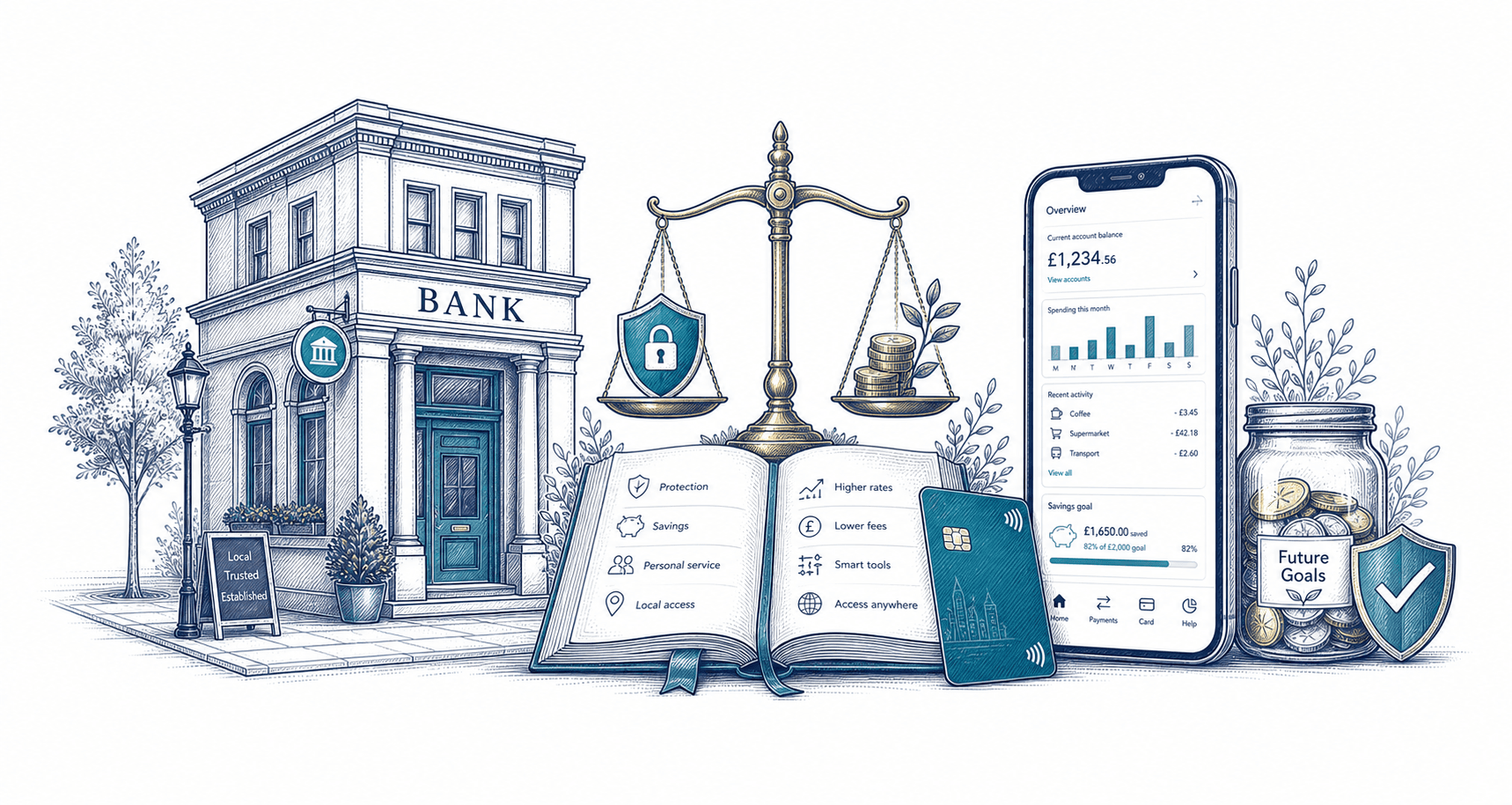 A high street bank and mobile banking app connected by everyday banking comparisons
