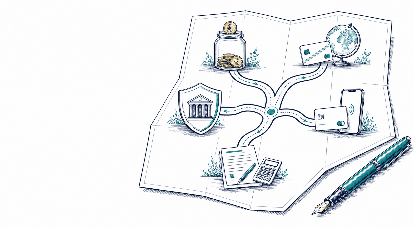 A banking guide map connecting savings, travel, protection, everyday accounts and borrowing