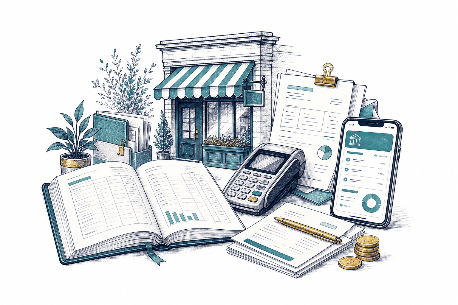 A small British business, banking ledger, card terminal and mobile business account