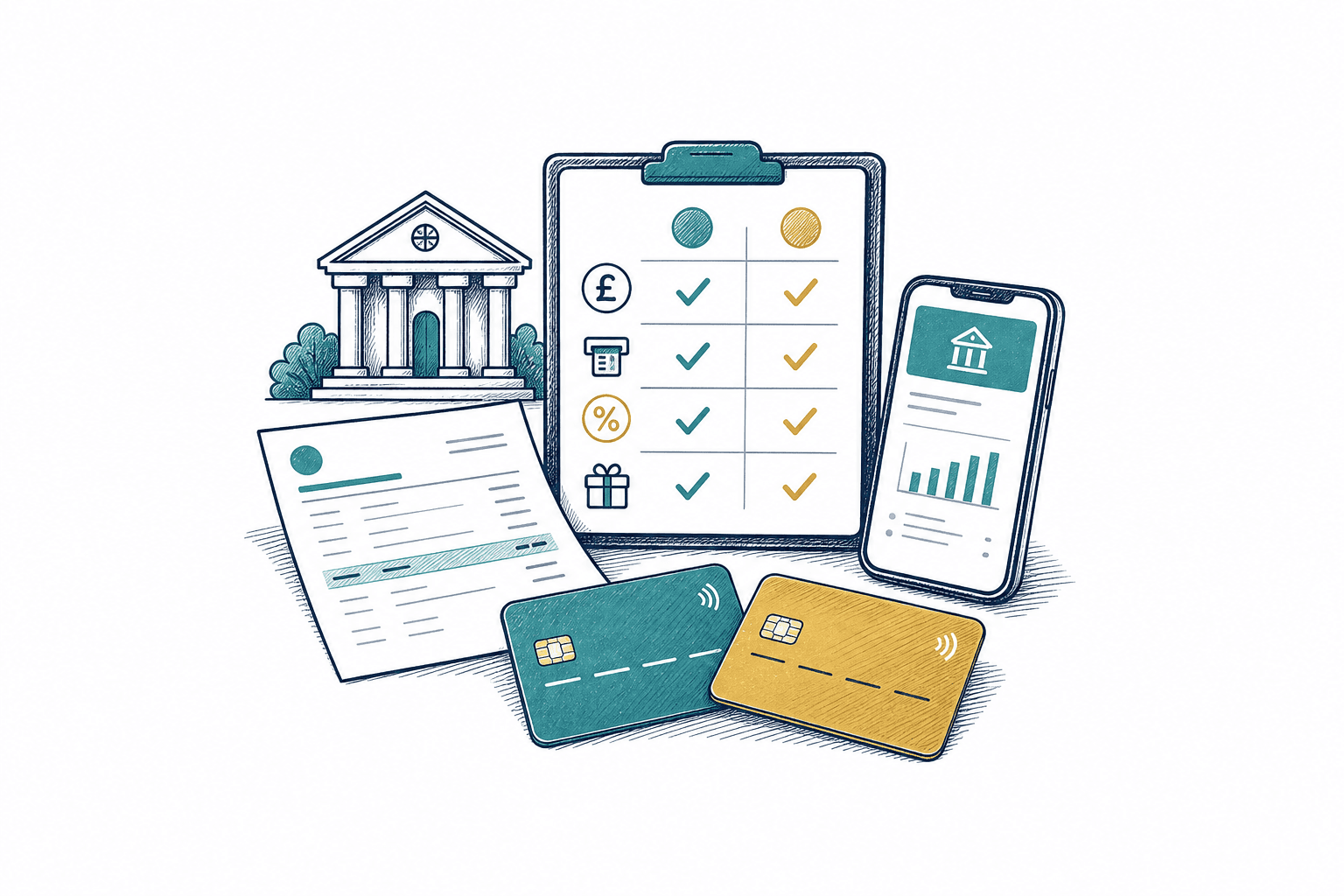 Current accounts compared across cards, fees, app tools and branch access