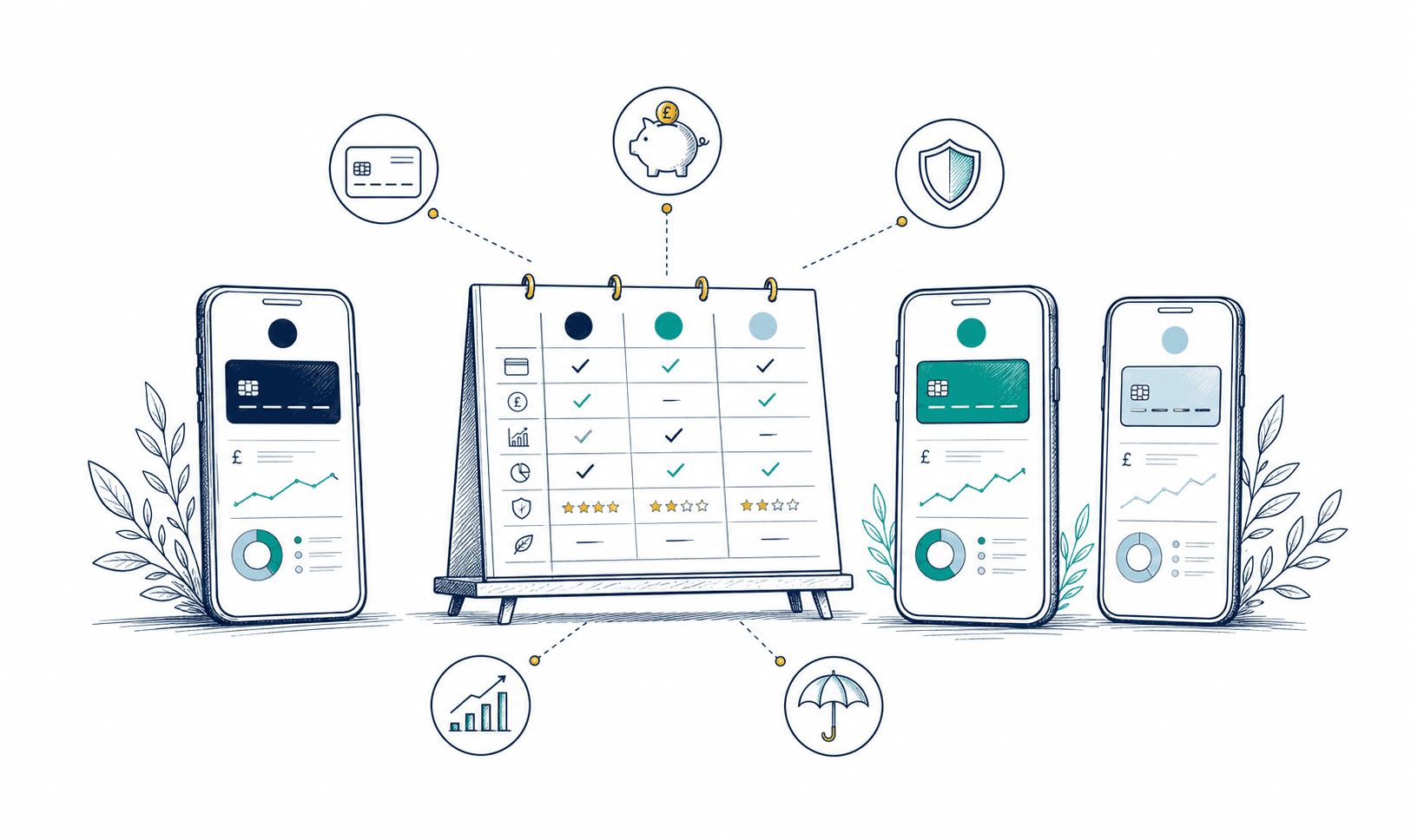 Several mobile banks arranged around an evidence-led digital bank comparison board