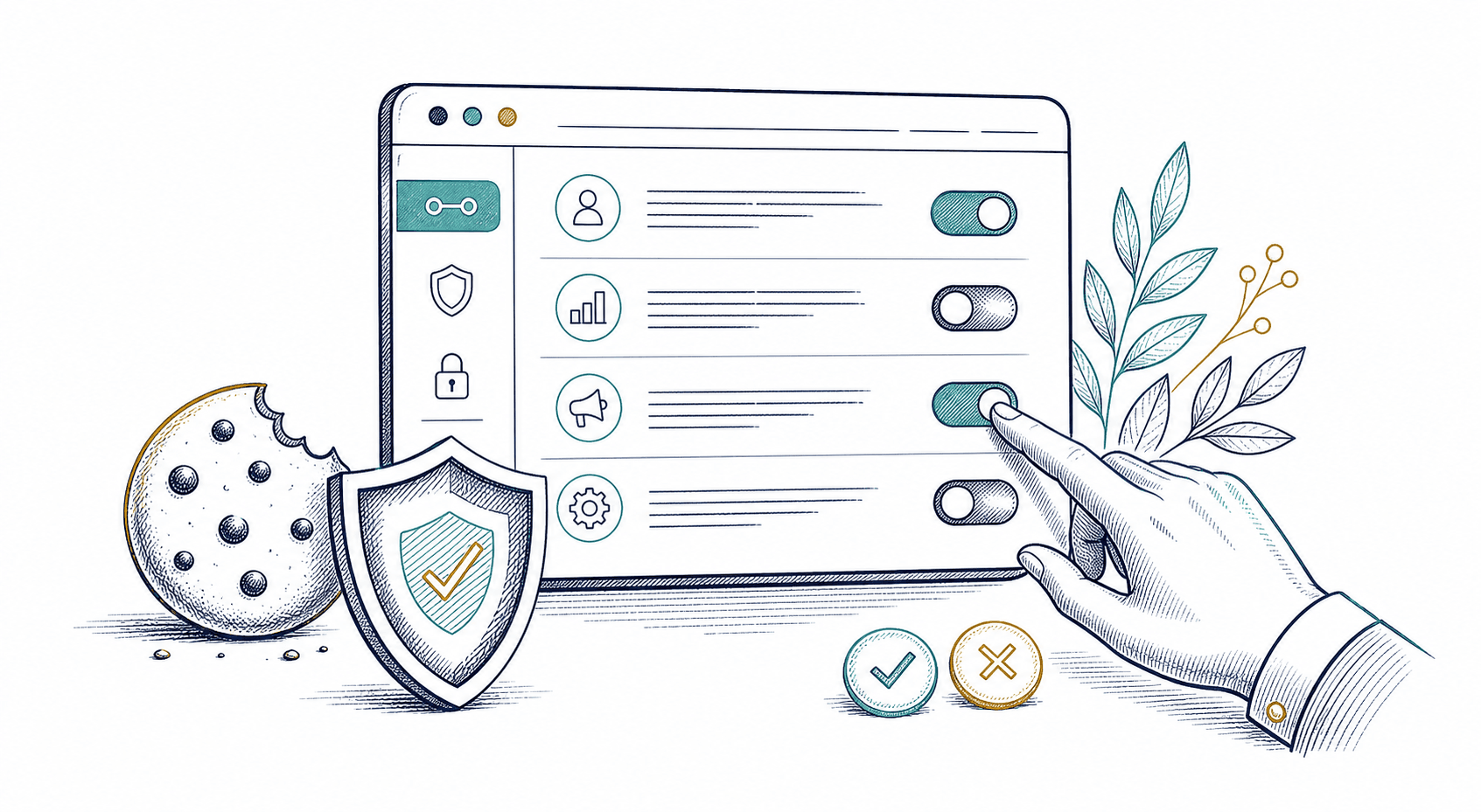 A browser privacy panel with consent controls and a shield