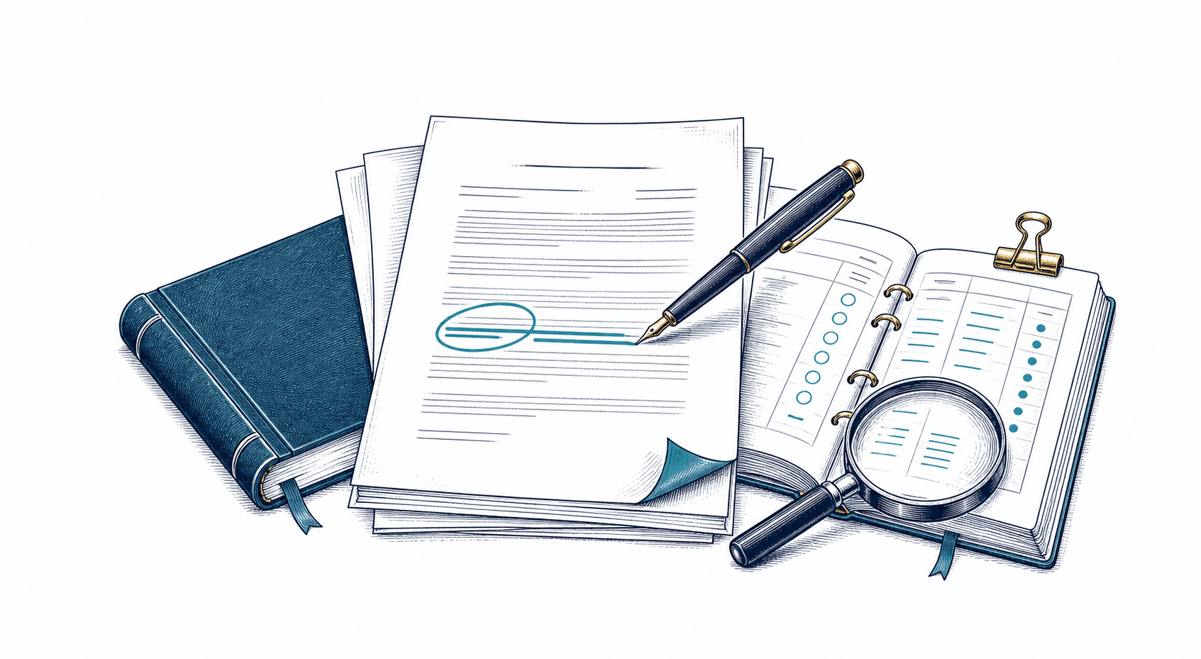 An edited document, evidence ledger and magnifying glass