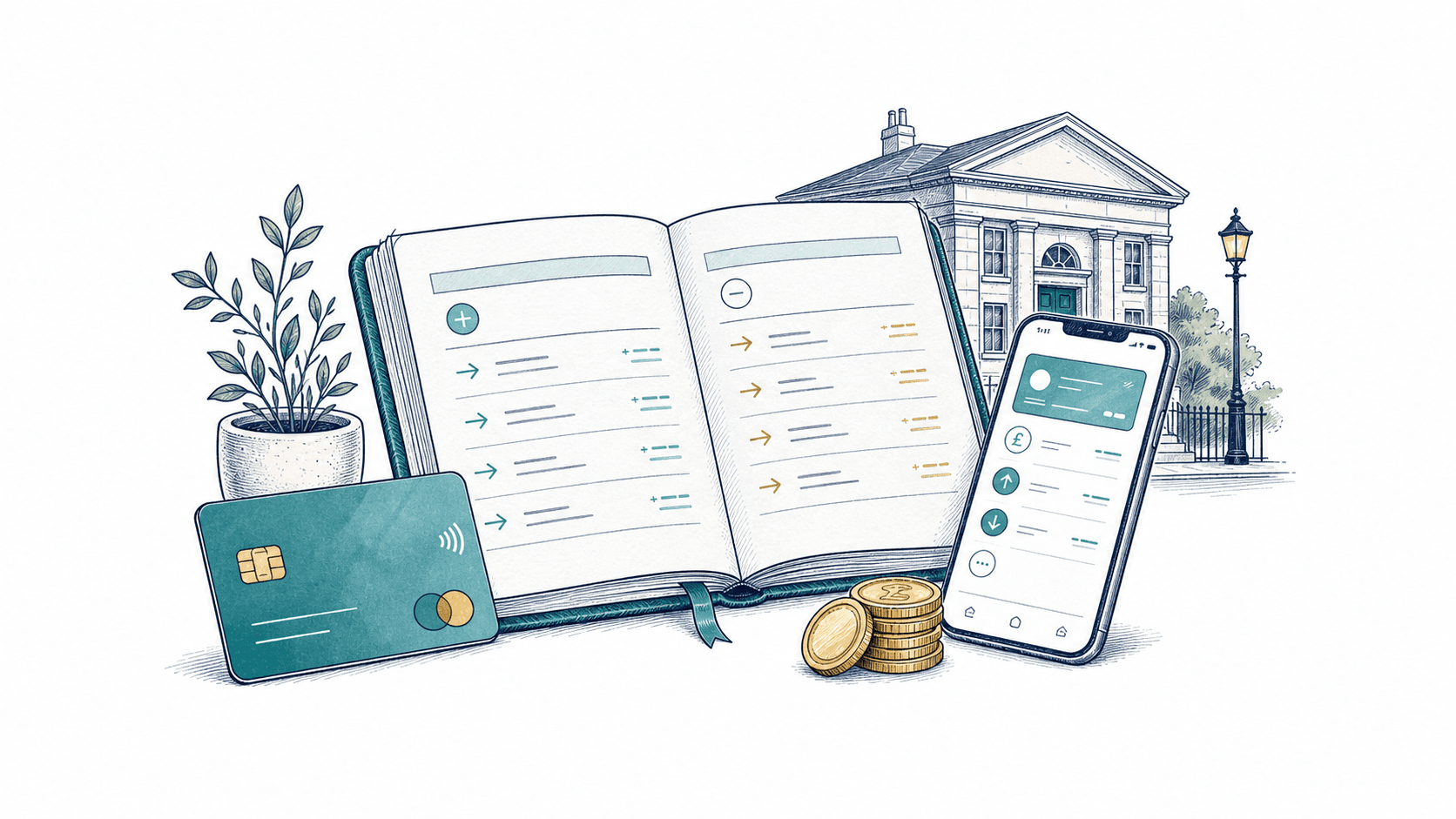 A current account ledger, debit card, mobile banking app and British bank