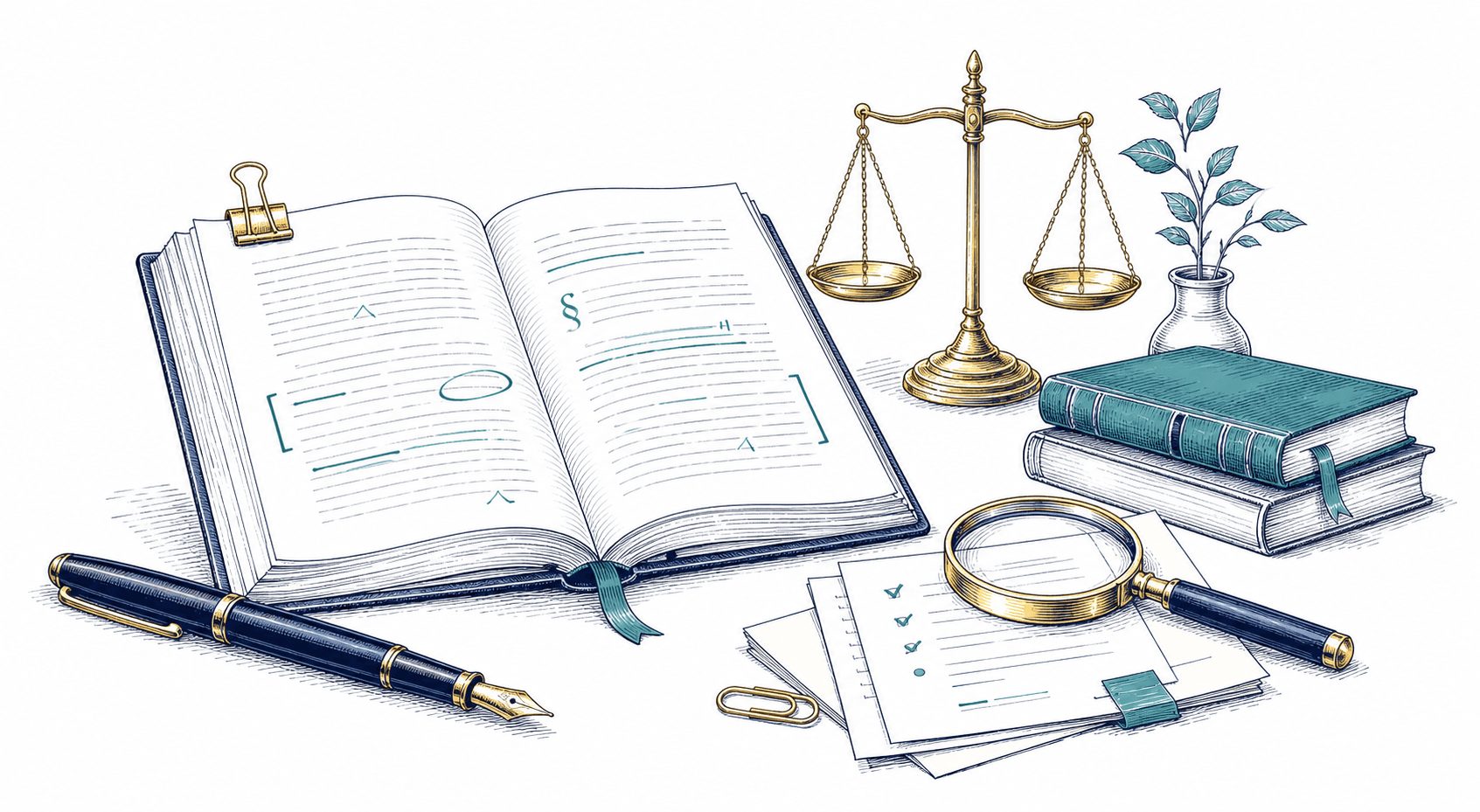 An editorial manuscript, evidence notes, pen and magnifying glass