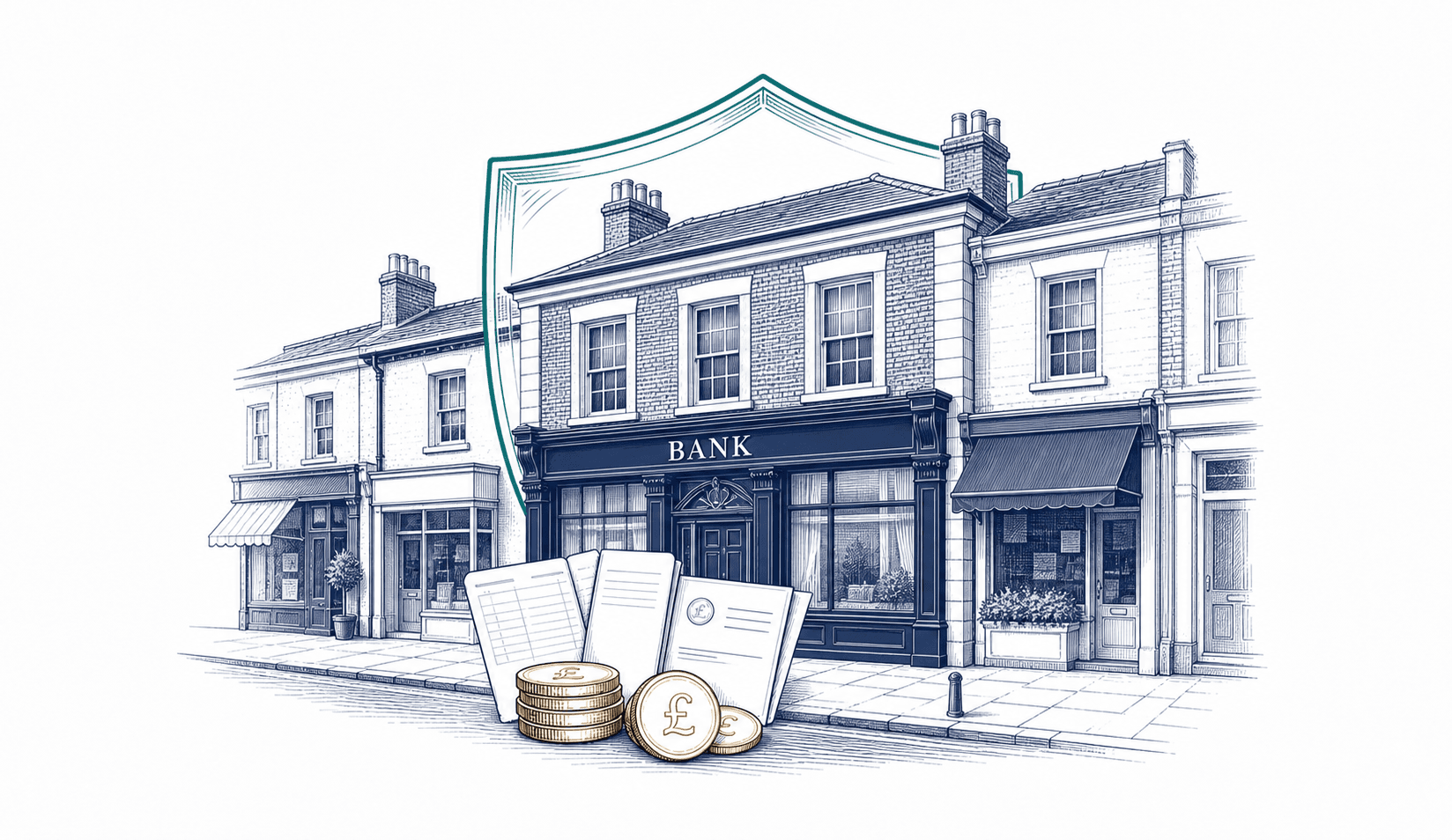 A British high street bank, deposit records and savings protected by a shield