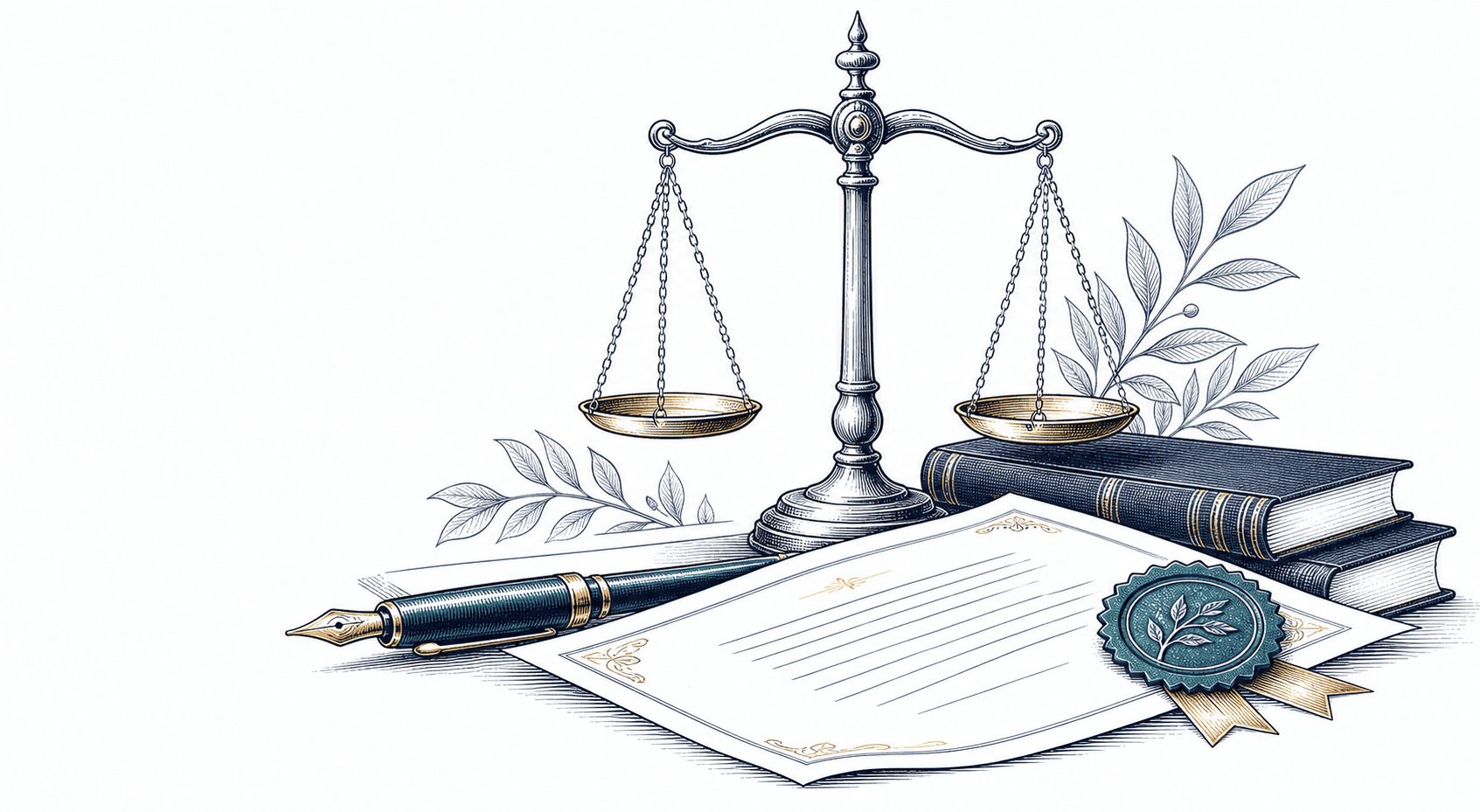 Legal books, a formal document, scales and an official seal