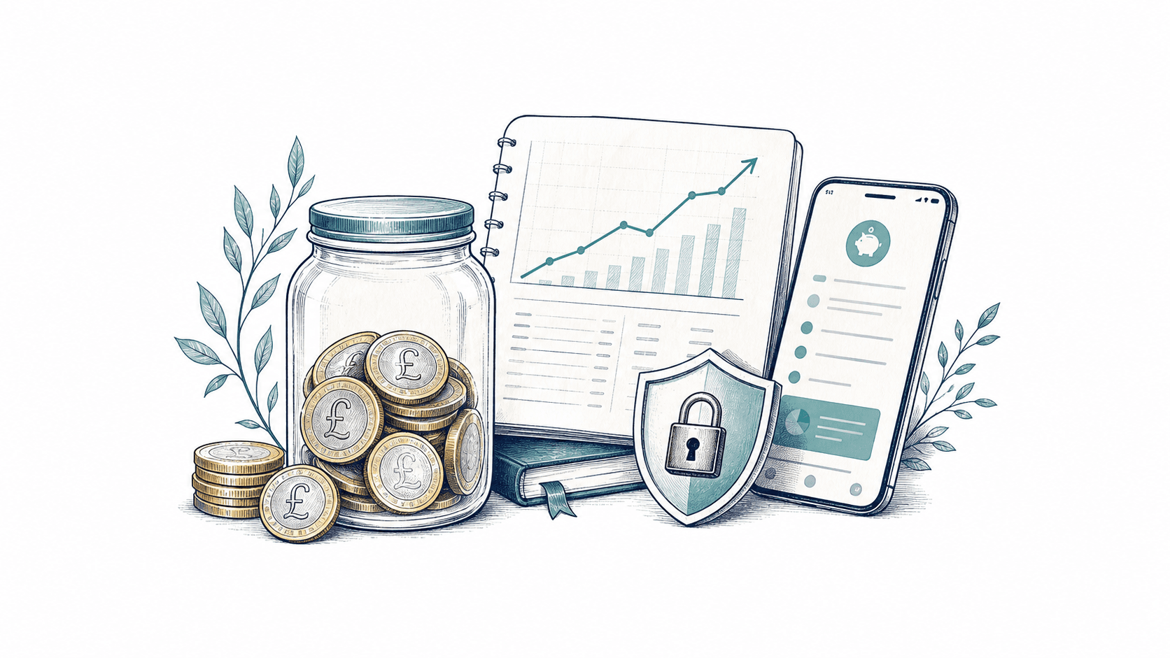 Savings coins, an interest ledger, mobile savings app and protection shield