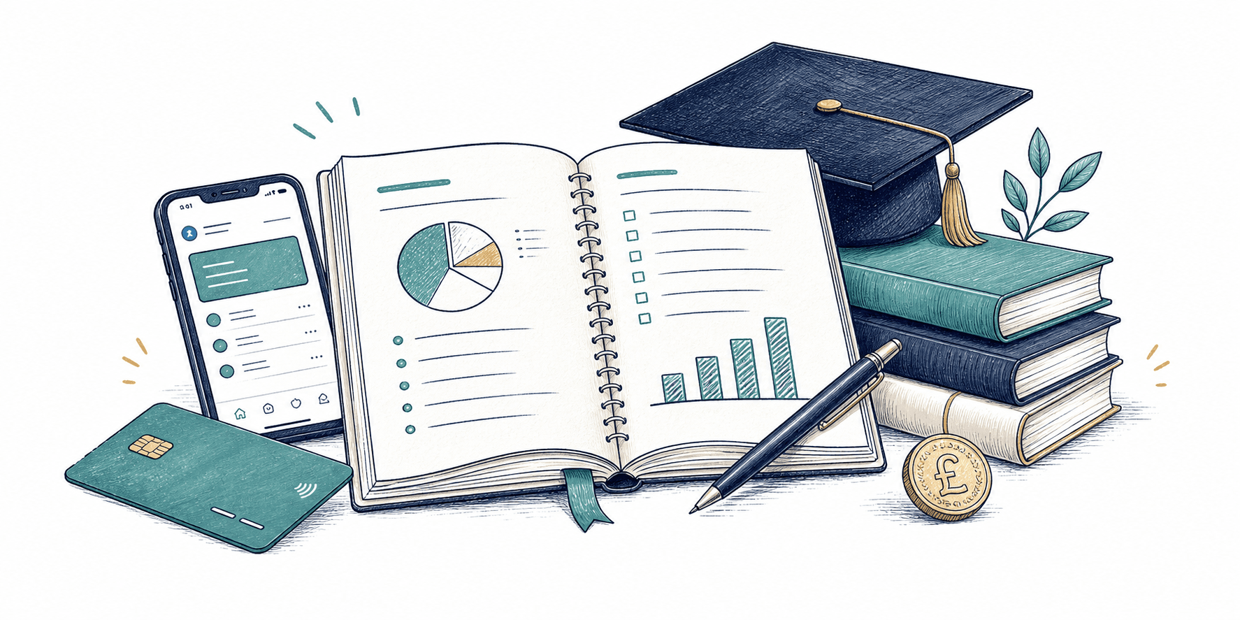 A student budget notebook, mobile banking app, debit card and study books
