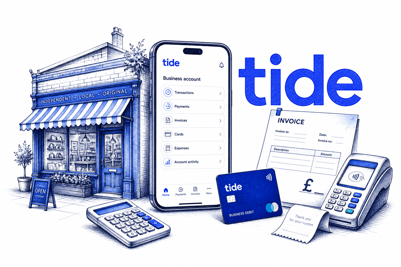 Tide business account app, independent shop, invoice, card and payment terminal illustration