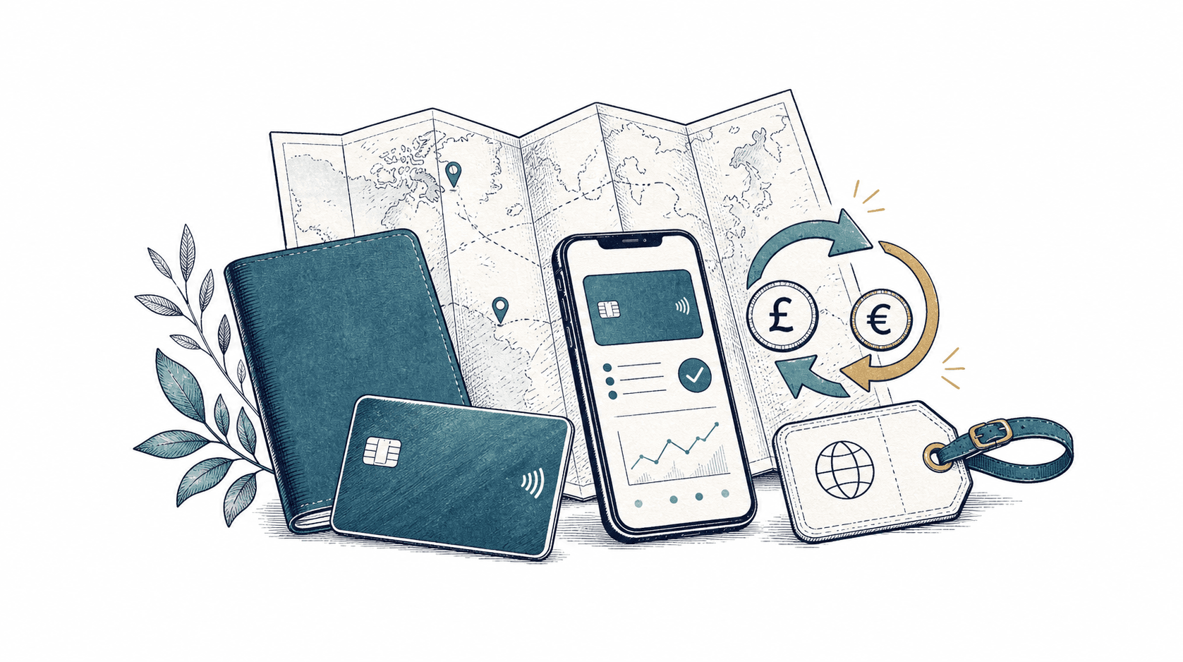 A travel map, debit card, mobile banking app and currency exchange symbols