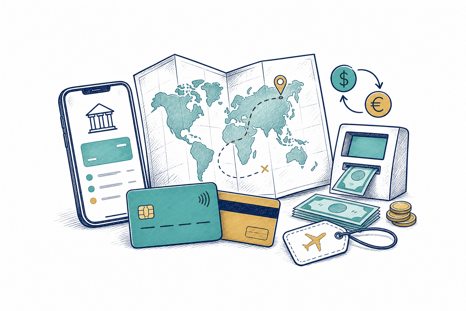Travel spending tools with a bank card, phone, passport and currency route