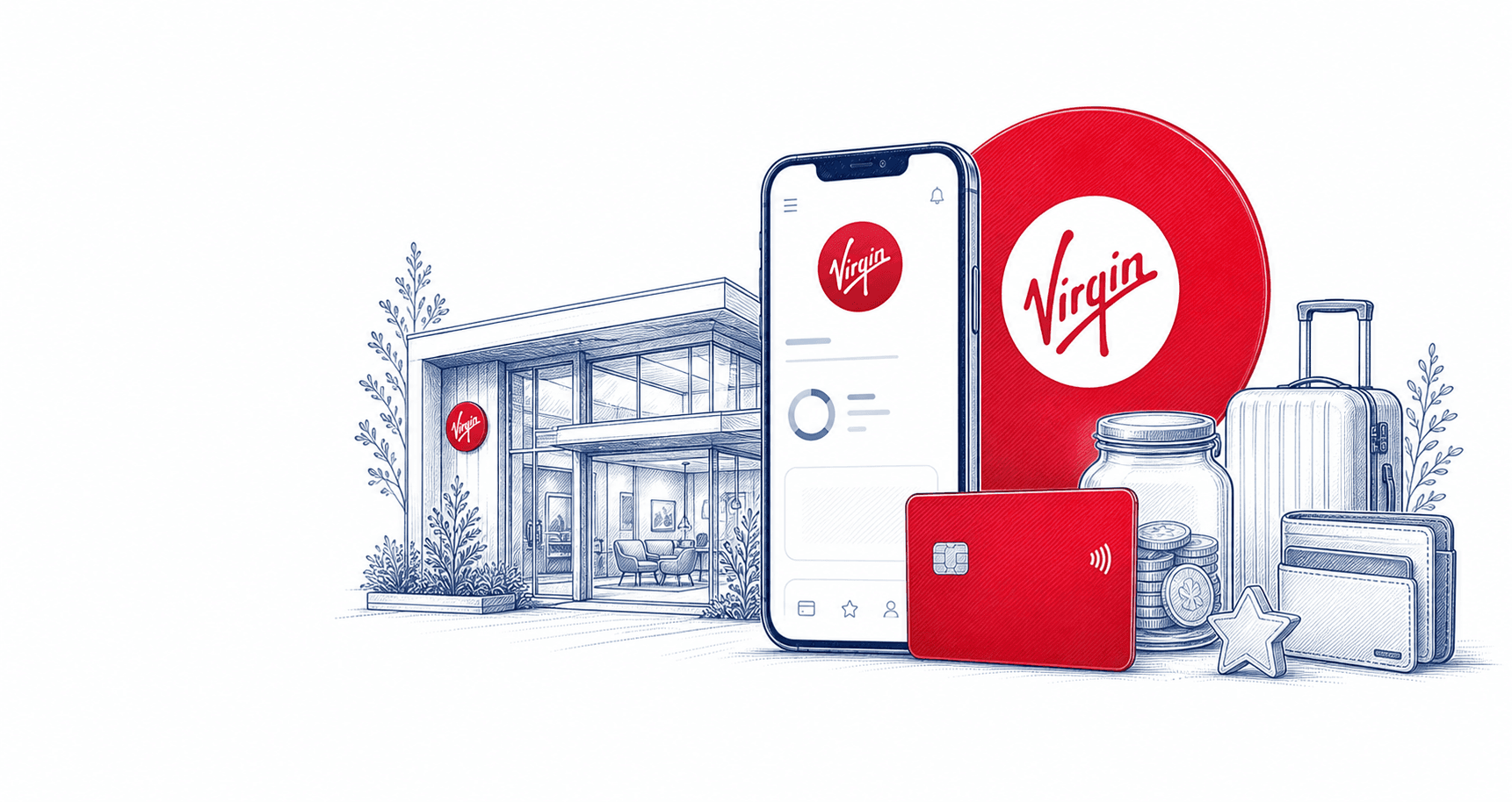 Virgin Money branch, savings, cards and travel illustration