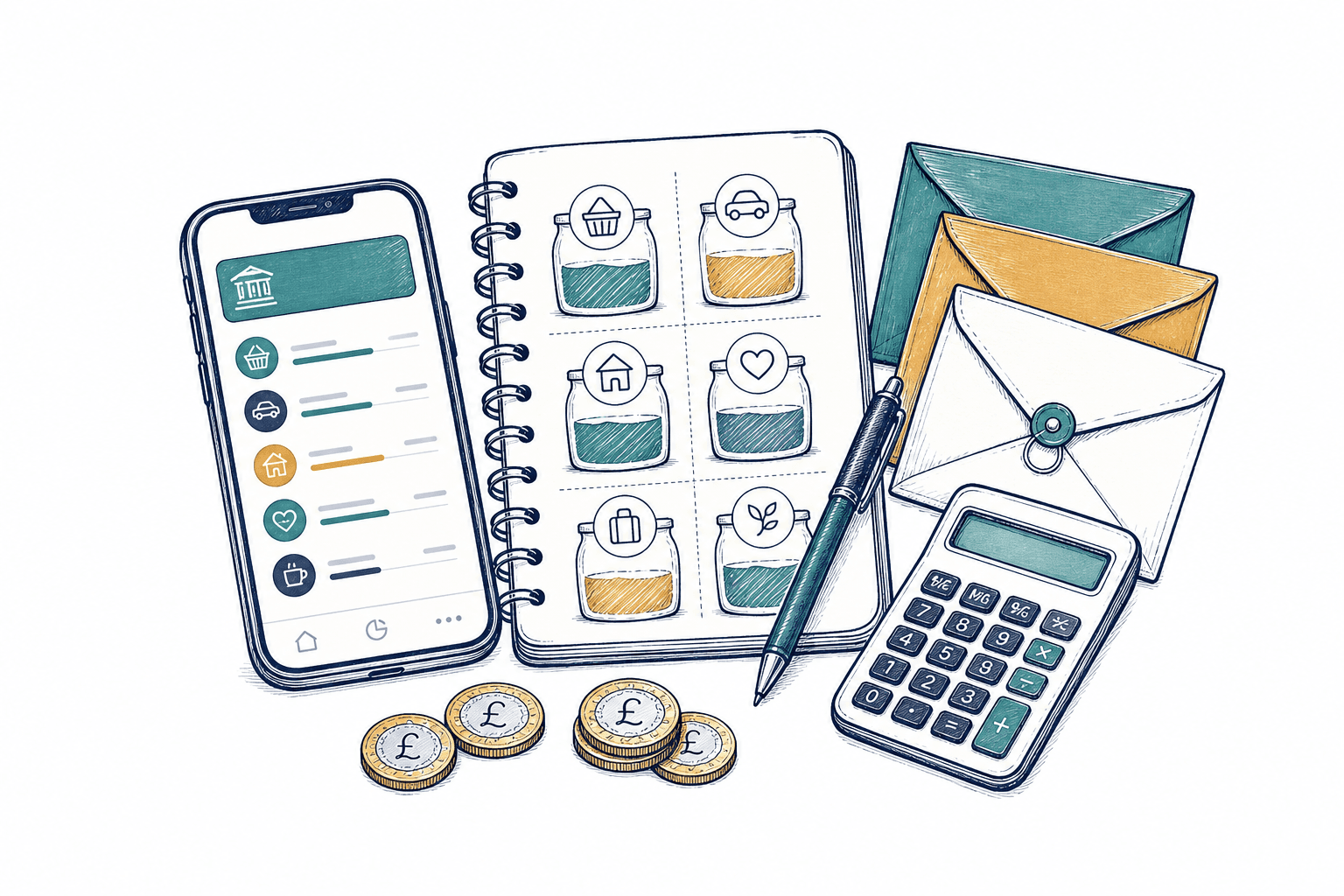 A budgeting notebook, organised money pots and a mobile banking app