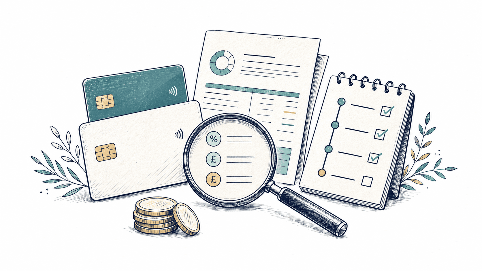 Credit cards, a statement, repayment checklist and fee magnifying glass