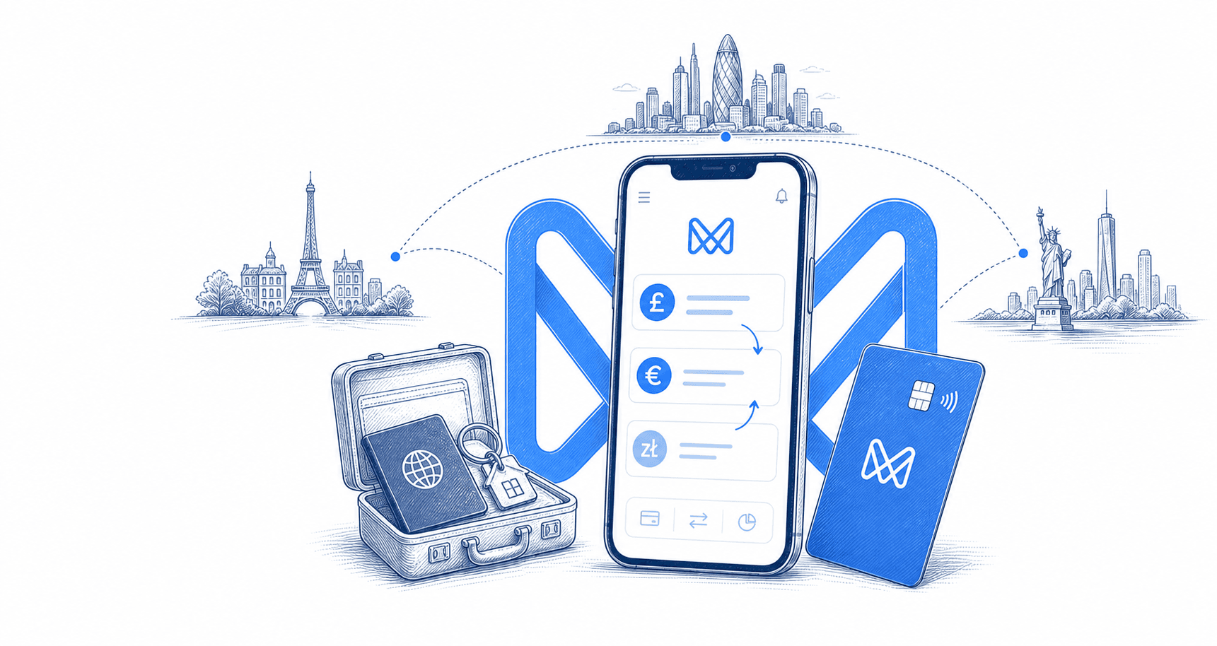 Monese multi-currency mobile account and international money illustration